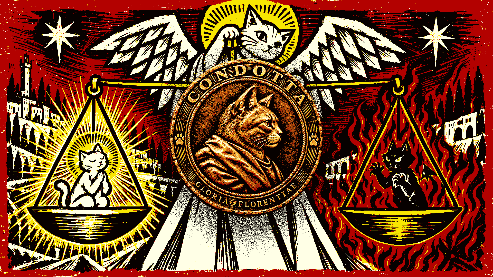 A cat medallion above balancing scales, framed by Florentine buildings.