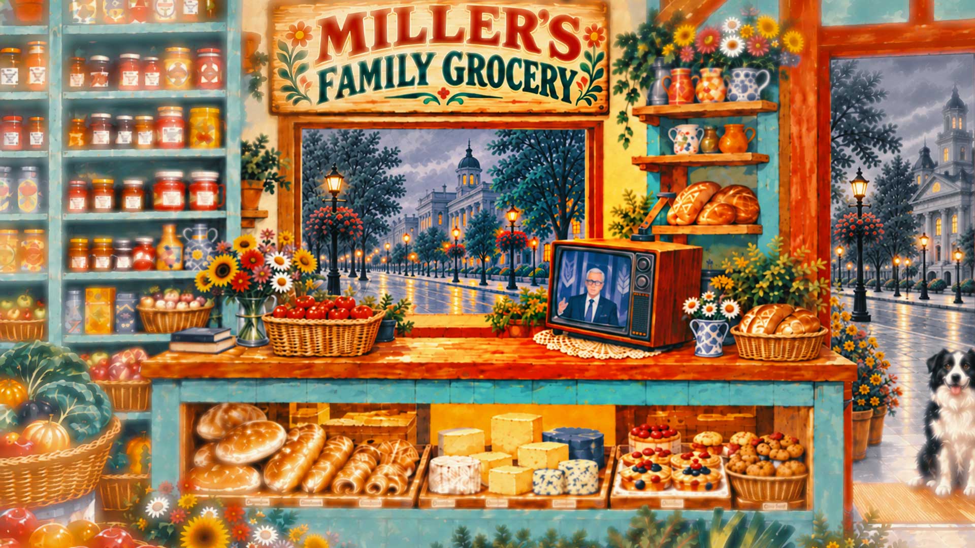 A grocery counter with a televised speech and a city street outside.